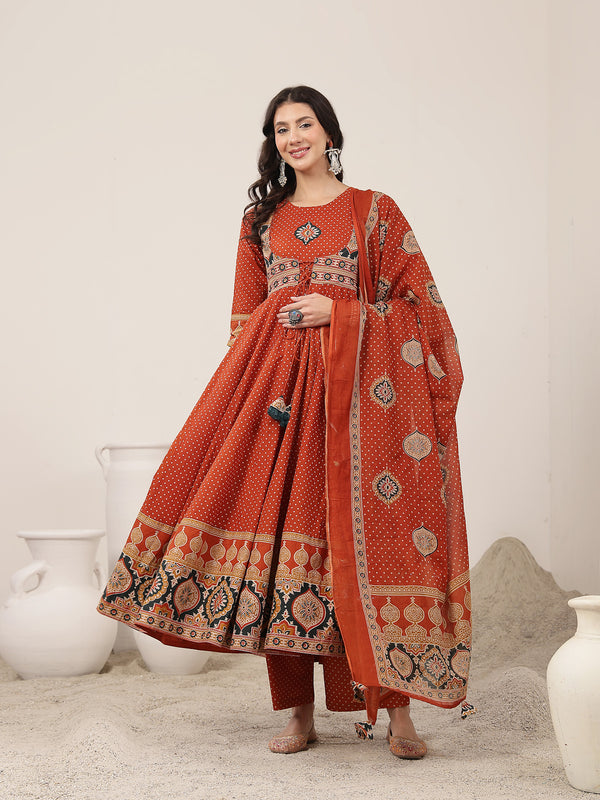 Kimayra Cotton Calf Length Printed 3/4 Sleeve Round Neck Flared Kurta Suit Set