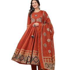 Kimayra Cotton Calf Length Printed 3/4 Sleeve Round Neck Flared Kurta Suit Set