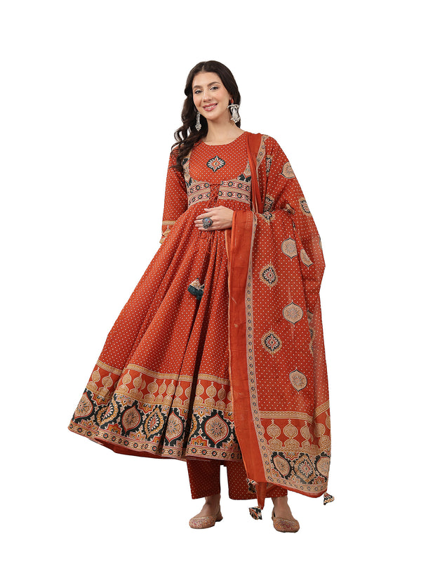 Kimayra Cotton Calf Length Printed 3/4 Sleeve Round Neck Flared Kurta Suit Set