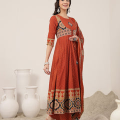 Kimayra Cotton Calf Length Printed 3/4 Sleeve Round Neck Flared Kurta Suit Set