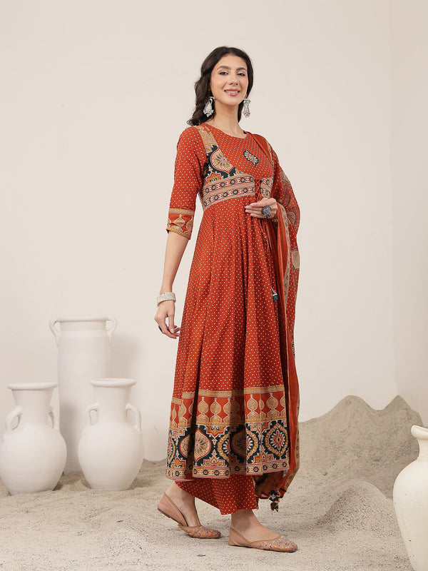Kimayra Cotton Calf Length Printed 3/4 Sleeve Round Neck Flared Kurta Suit Set