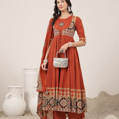 Kimayra Cotton Calf Length Printed 3/4 Sleeve Round Neck Flared Kurta Suit Set