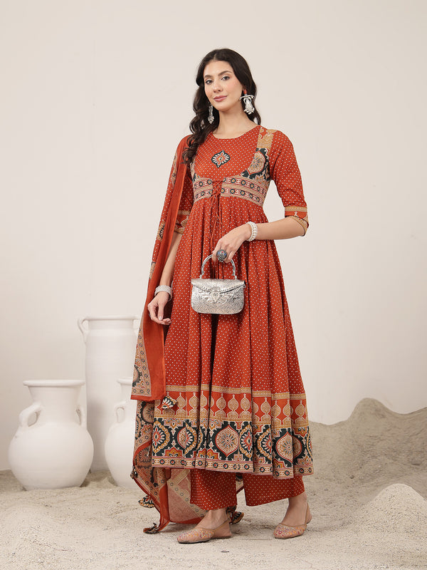 Kimayra Cotton Calf Length Printed 3/4 Sleeve Round Neck Flared Kurta Suit Set