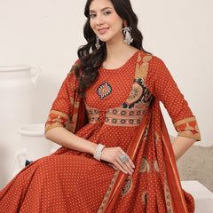 Kimayra Cotton Calf Length Printed 3/4 Sleeve Round Neck Flared Kurta Suit Set