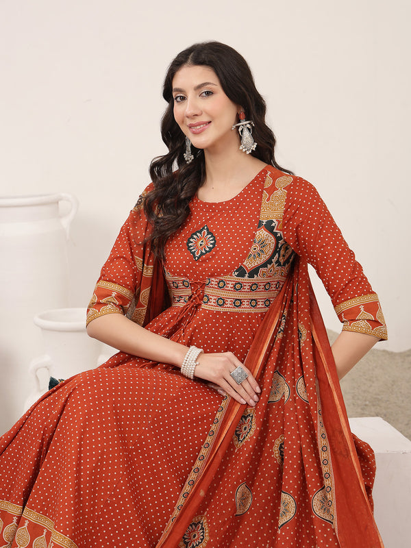 Kimayra Cotton Calf Length Printed 3/4 Sleeve Round Neck Flared Kurta Suit Set