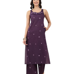 Kimayra Cotton Calf Length Solid Sleeveless Round Neck Straight Kurta Suit Set