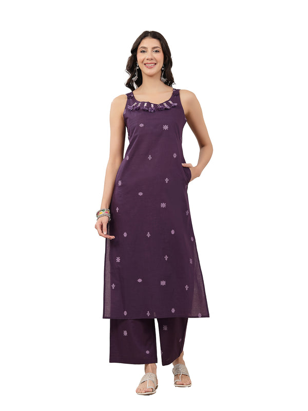 Kimayra Cotton Calf Length Solid Sleeveless Round Neck Straight Kurta Suit Set