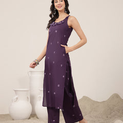 Kimayra Cotton Calf Length Solid Sleeveless Round Neck Straight Kurta Suit Set
