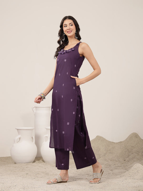 Kimayra Cotton Calf Length Solid Sleeveless Round Neck Straight Kurta Suit Set
