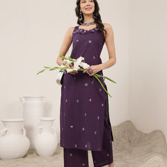 Kimayra Cotton Calf Length Solid Sleeveless Round Neck Straight Kurta Suit Set
