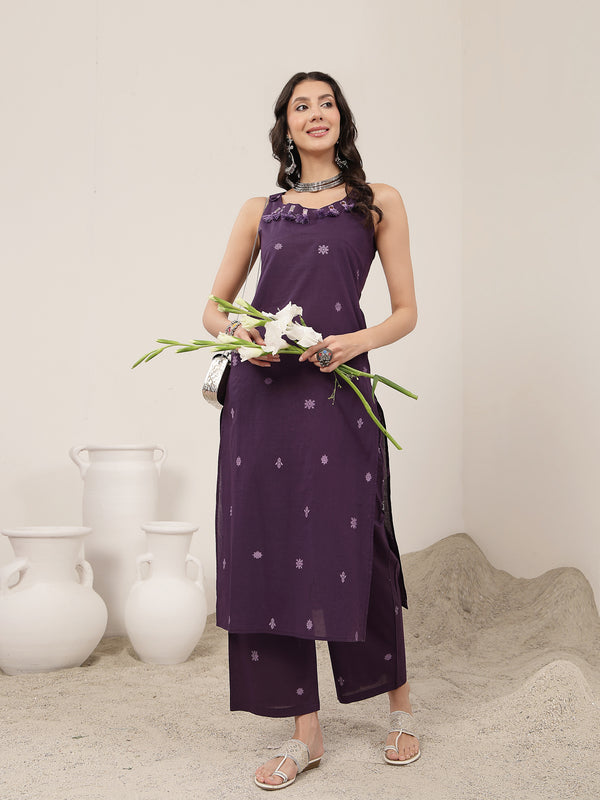 Kimayra Cotton Calf Length Solid Sleeveless Round Neck Straight Kurta Suit Set