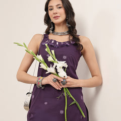 Kimayra Cotton Calf Length Solid Sleeveless Round Neck Straight Kurta Suit Set