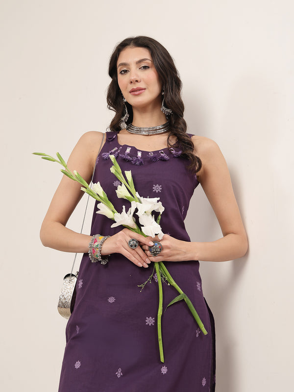 Kimayra Cotton Calf Length Solid Sleeveless Round Neck Straight Kurta Suit Set