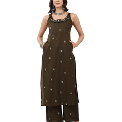 Kimayra Cotton Calf Length Solid Sleeveless Round Neck Straight Kurta Suit Set