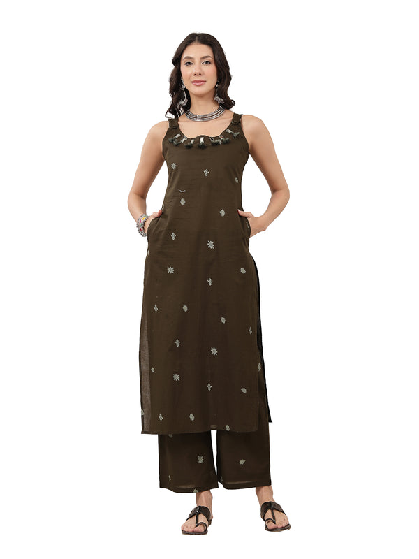 Kimayra Cotton Calf Length Solid Sleeveless Round Neck Straight Kurta Suit Set