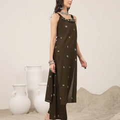 Kimayra Cotton Calf Length Solid Sleeveless Round Neck Straight Kurta Suit Set