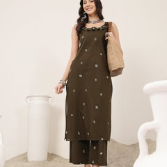 Kimayra Cotton Calf Length Solid Sleeveless Round Neck Straight Kurta Suit Set