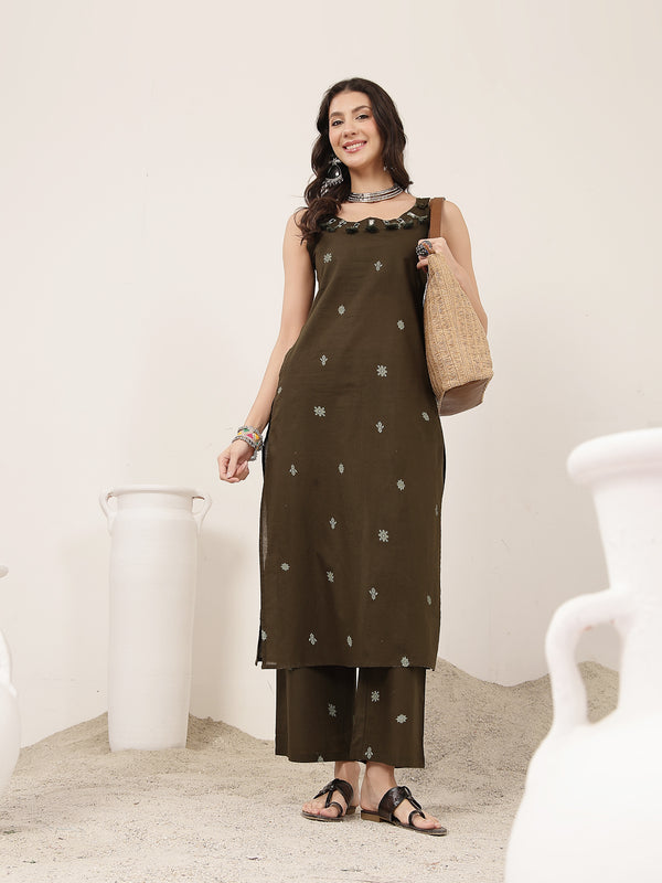 Kimayra Cotton Calf Length Solid Sleeveless Round Neck Straight Kurta Suit Set