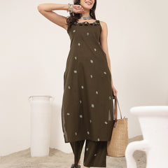Kimayra Cotton Calf Length Solid Sleeveless Round Neck Straight Kurta Suit Set