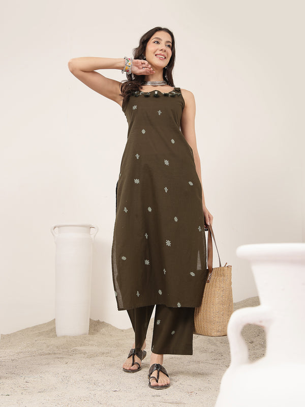 Kimayra Cotton Calf Length Solid Sleeveless Round Neck Straight Kurta Suit Set