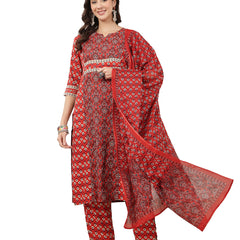 Kimayra Rayon Calf Length Printed 3/4 Sleeve Round Neck Straight Kurta Suit Set