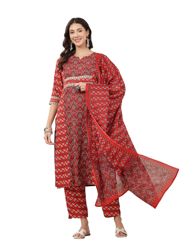 Kimayra Rayon Calf Length Printed 3/4 Sleeve Round Neck Straight Kurta Suit Set