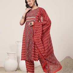 Kimayra Rayon Calf Length Printed 3/4 Sleeve Round Neck Straight Kurta Suit Set