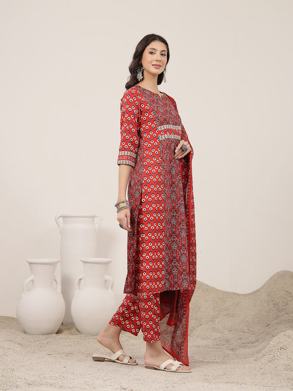 Kimayra Rayon Calf Length Printed 3/4 Sleeve Round Neck Straight Kurta Suit Set