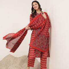 Kimayra Rayon Calf Length Printed 3/4 Sleeve Round Neck Straight Kurta Suit Set