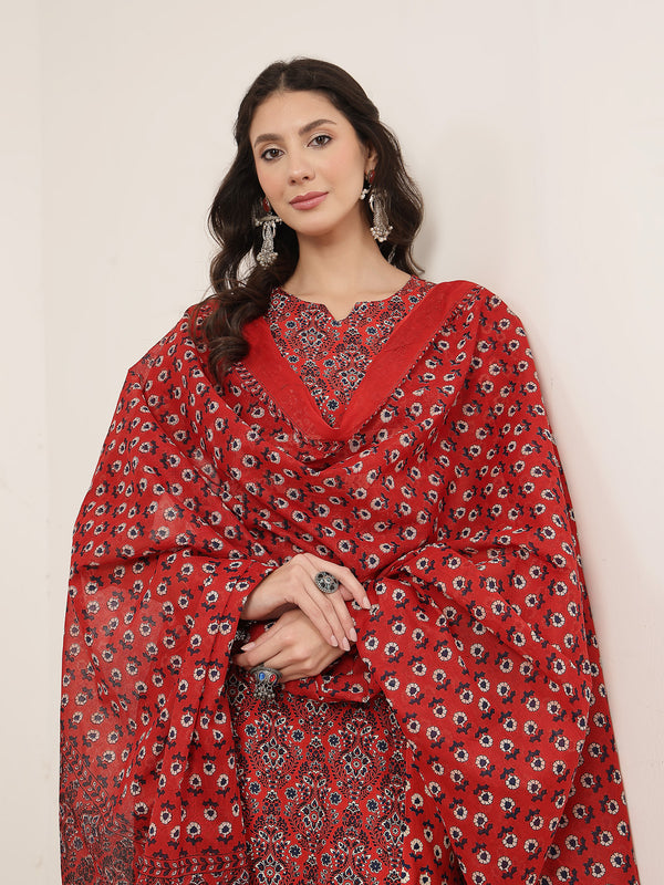 Kimayra Rayon Calf Length Printed 3/4 Sleeve Round Neck Straight Kurta Suit Set
