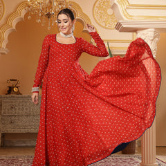 Kimayra Cotton Calf Length Printed Full Sleeves Round Neck Anarkali Kurta Suit Set