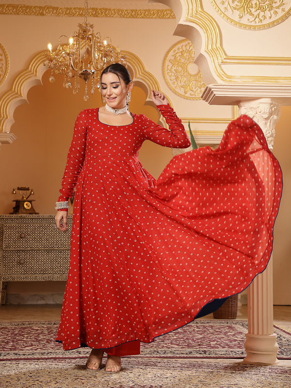 Kimayra Cotton Calf Length Printed Full Sleeves Round Neck Anarkali Kurta Suit Set