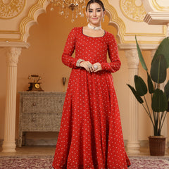 Kimayra Cotton Calf Length Printed Full Sleeves Round Neck Anarkali Kurta Suit Set