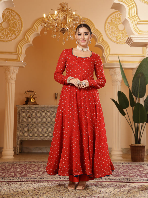 Kimayra Cotton Calf Length Printed Full Sleeves Round Neck Anarkali Kurta Suit Set