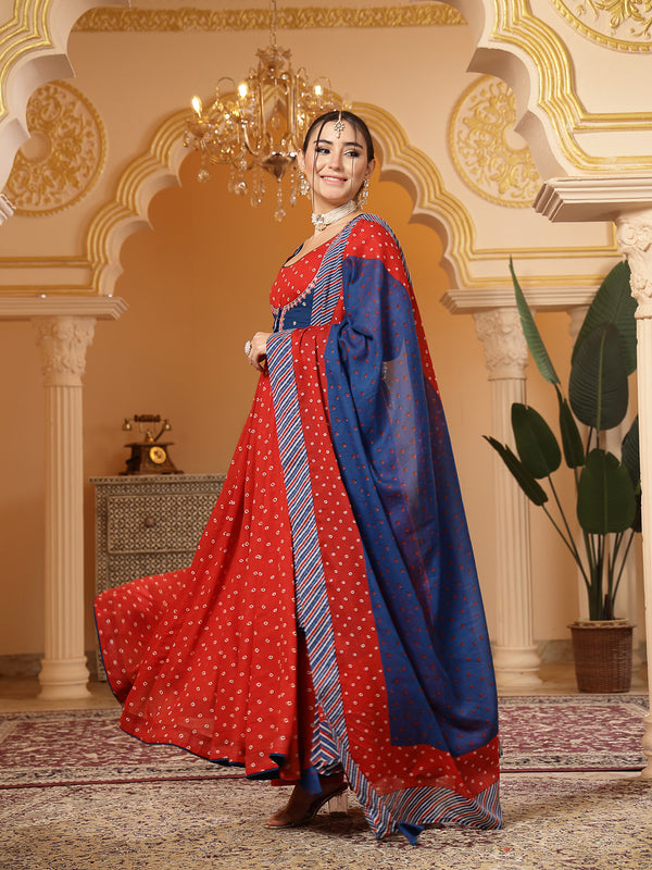 Kimayra Cotton Calf Length Printed Full Sleeves Round Neck Anarkali Kurta Suit Set