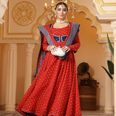Kimayra Cotton Calf Length Printed Full Sleeves Round Neck Anarkali Kurta Suit Set