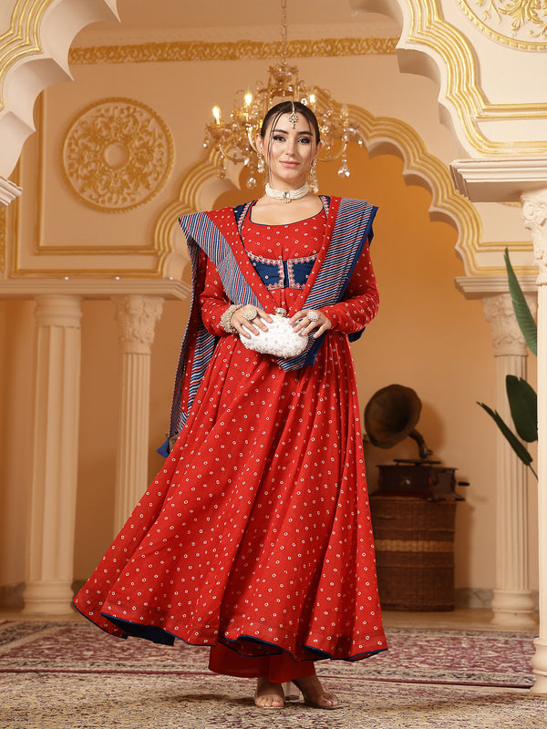 Kimayra Cotton Calf Length Printed Full Sleeves Round Neck Anarkali Kurta Suit Set