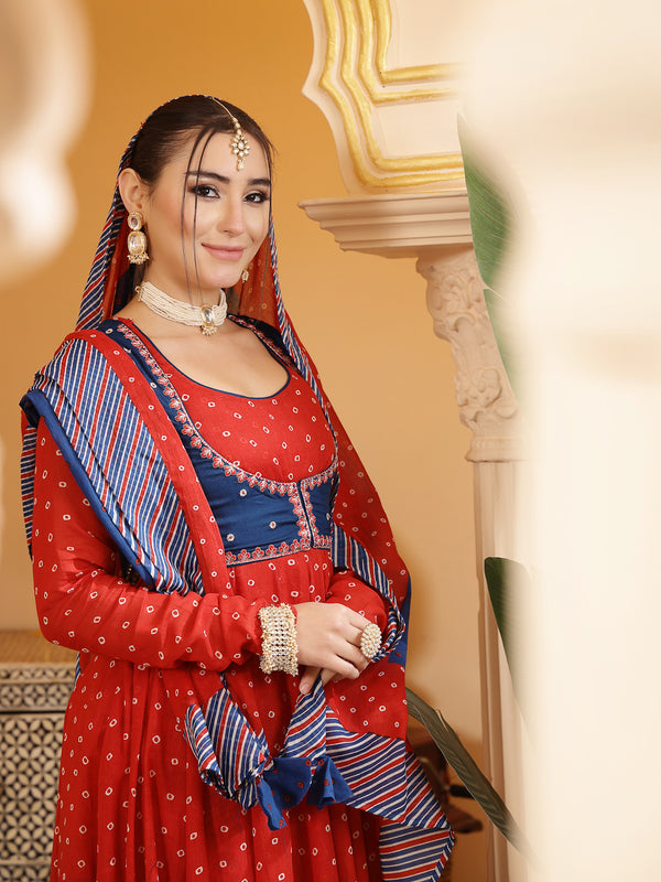 Kimayra Cotton Calf Length Printed Full Sleeves Round Neck Anarkali Kurta Suit Set