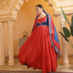 Kimayra Cotton Calf Length Printed Full Sleeves Round Neck Anarkali Kurta Suit Set