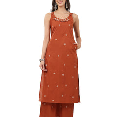 Kimayra Cotton Calf Length Solid Sleeveless Round Neck Straight Kurta Suit Set