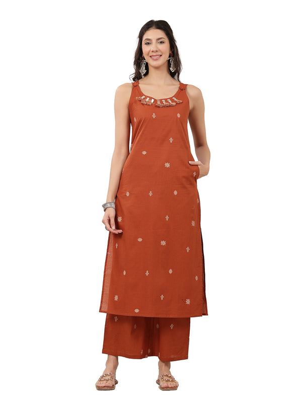 Kimayra Cotton Calf Length Solid Sleeveless Round Neck Straight Kurta Suit Set