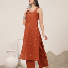 Kimayra Cotton Calf Length Solid Sleeveless Round Neck Straight Kurta Suit Set