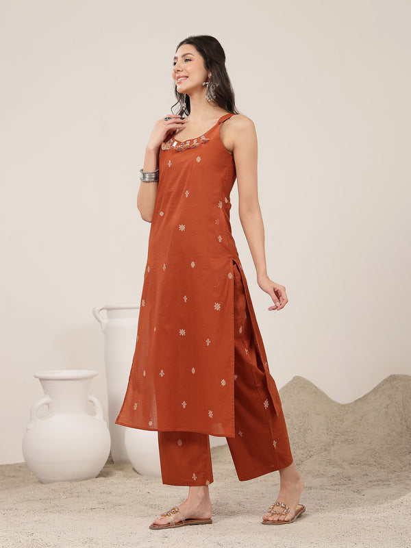Kimayra Cotton Calf Length Solid Sleeveless Round Neck Straight Kurta Suit Set