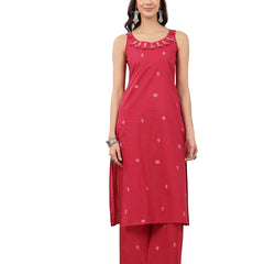 Kimayra Cotton Calf Length Solid Sleeveless Round Neck Straight Kurta Suit Set
