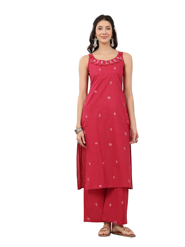 Kimayra Cotton Calf Length Solid Sleeveless Round Neck Straight Kurta Suit Set