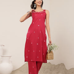 Kimayra Cotton Calf Length Solid Sleeveless Round Neck Straight Kurta Suit Set