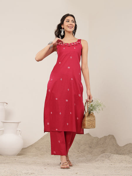 Kimayra Cotton Calf Length Solid Sleeveless Round Neck Straight Kurta Suit Set