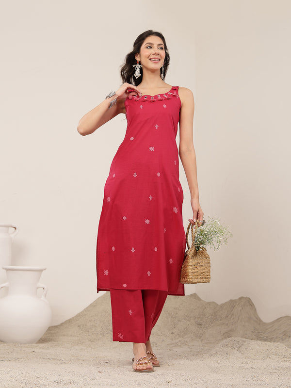 Kimayra Cotton Calf Length Solid Sleeveless Round Neck Straight Kurta Suit Set