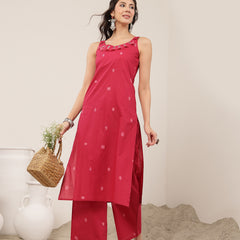 Kimayra Cotton Calf Length Solid Sleeveless Round Neck Straight Kurta Suit Set