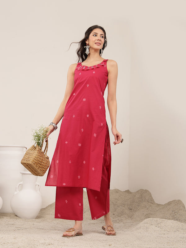 Kimayra Cotton Calf Length Solid Sleeveless Round Neck Straight Kurta Suit Set